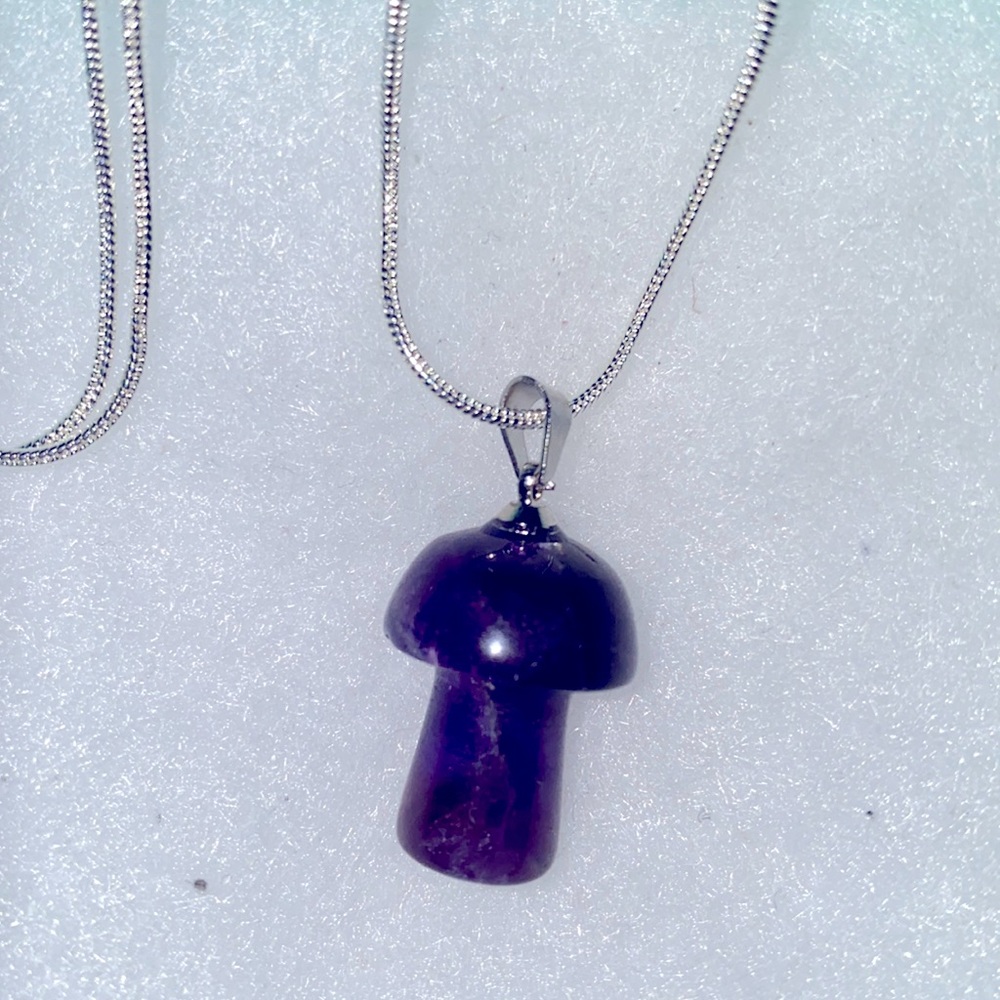Boho Hippie Psychedelic Amethyst Mushroom Sterling Silver Necklace 24”